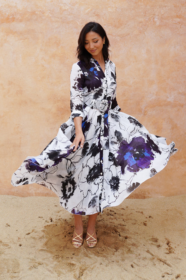 Aster Dress Shirt Collar 3/4 Sleeve Midi Length Ramie (Fiori D'este Small)