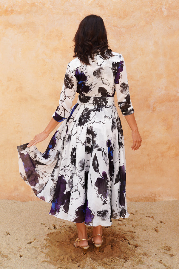 Aster Dress Shirt Collar 3/4 Sleeve Midi Length Ramie (Fiori D'este Small)
