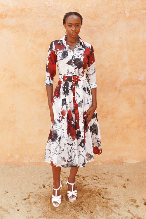 Audrey Dress #4 Shirt Collar 3/4 Sleeve Midi Length Ramie (Fiori D'este Small)