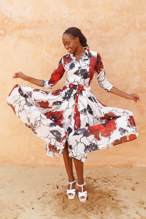 Audrey Dress #4 Shirt Collar 3/4 Sleeve Midi Length Ramie (Fiori D'este Small)