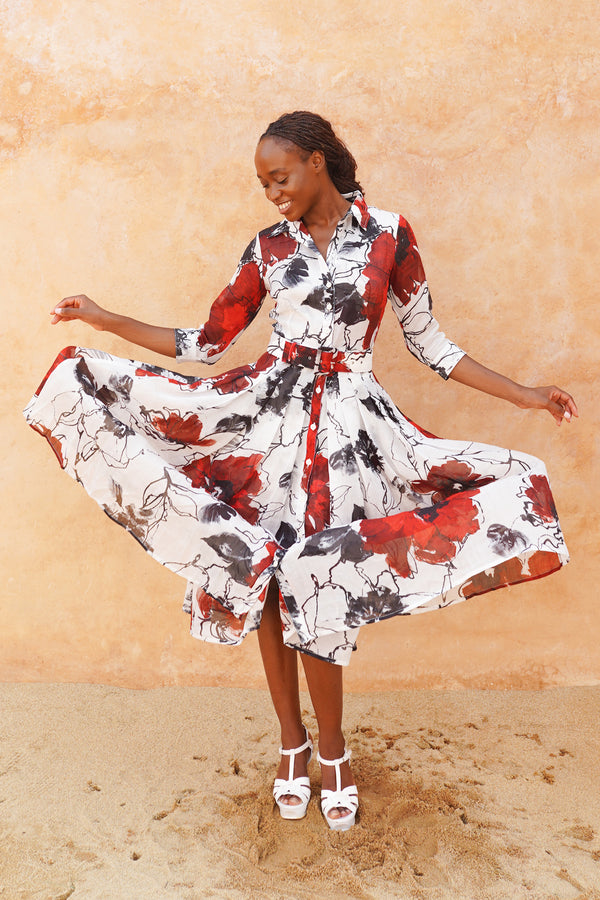 Audrey Dress #4 Shirt Collar 3/4 Sleeve Midi Length Ramie (Fiori D'este Small)