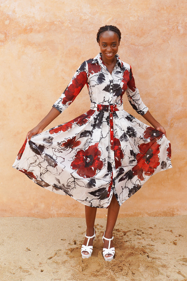 Audrey Dress #4 Shirt Collar 3/4 Sleeve Midi Length Ramie (Fiori D'este Small)