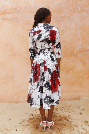 Audrey Dress #4 Shirt Collar 3/4 Sleeve Midi Length Ramie (Fiori D'este Small)
