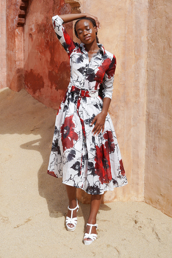 Audrey Dress #4 Shirt Collar 3/4 Sleeve Midi Length Ramie (Fiori D'este Small)