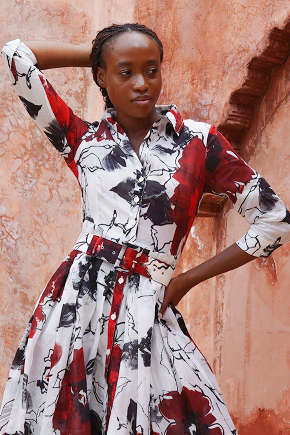 Audrey Dress #4 Shirt Collar 3/4 Sleeve Midi Length Ramie (Fiori D'este Small)