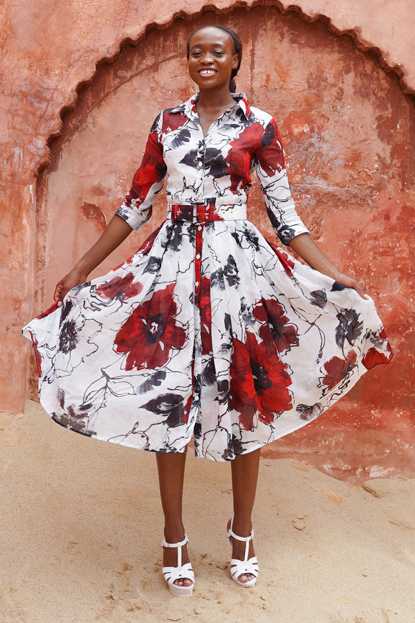 Audrey Dress #4 Shirt Collar 3/4 Sleeve Midi Length Ramie (Fiori D'este Small)