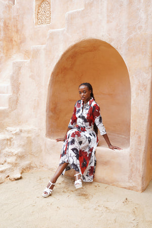 Audrey Dress #4 Shirt Collar 3/4 Sleeve Midi Length Ramie (Fiori D'este Small)