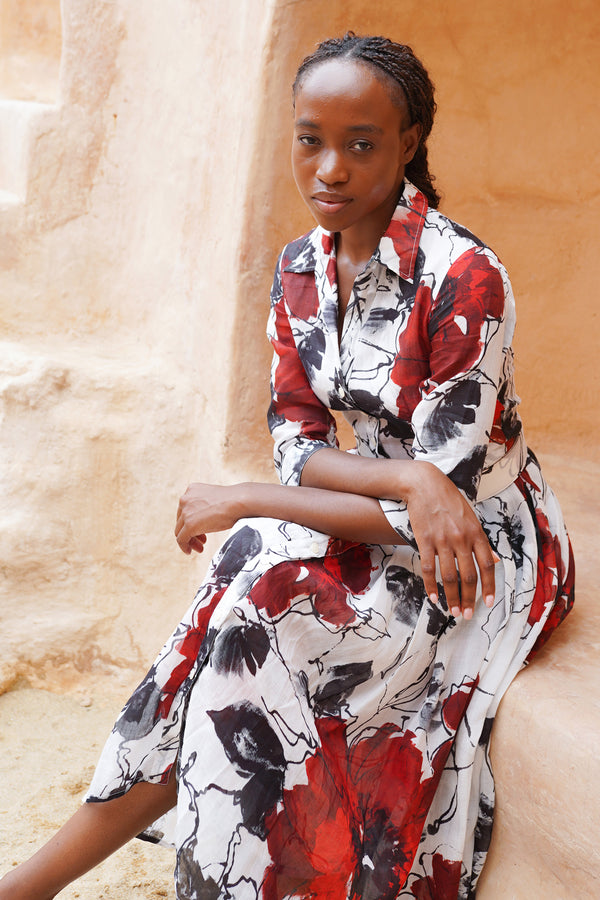 Audrey Dress #4 Shirt Collar 3/4 Sleeve Midi Length Ramie (Fiori D'este Small)