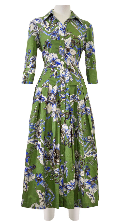 Audrey Dress #2 Shirt Collar 3/4 Sleeve Midi Length Poplin Stretch (Flower Luxembrug Ivory)