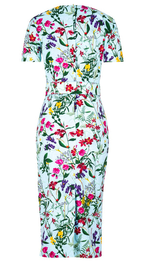 Celine Dress Crew Slit Neck Short Sleeve Midi Length Cotton Dobby Stretch (Fairy Tail Flower)