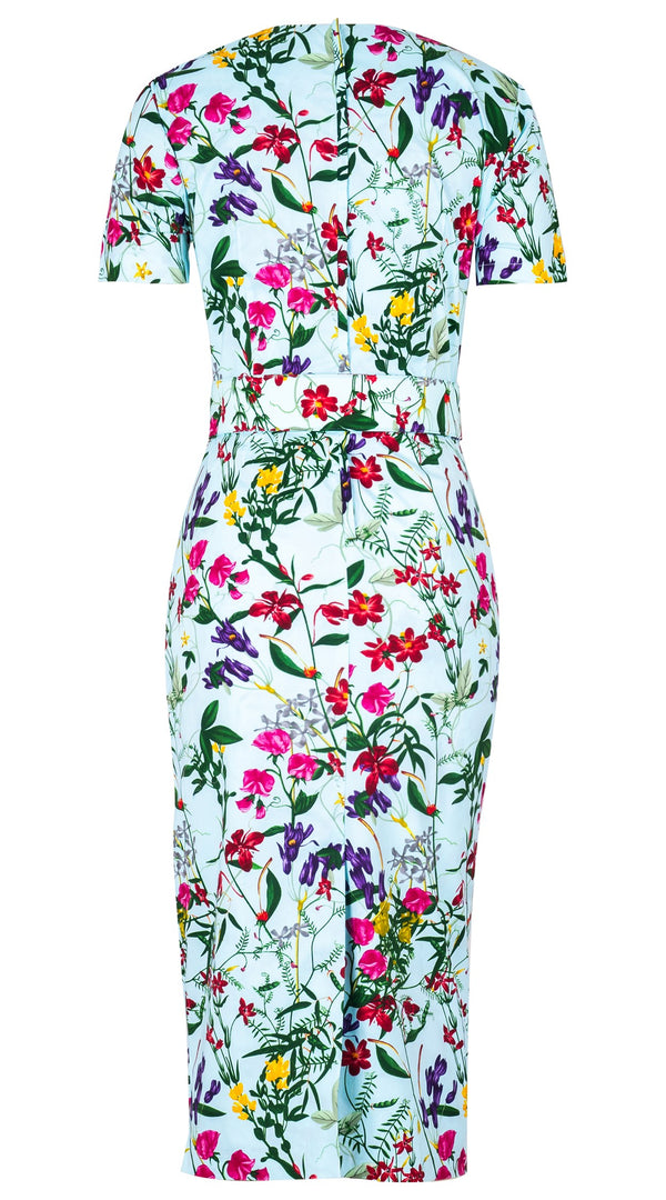 Celine Dress Crew Slit Neck Short Sleeve Midi Length Cotton Dobby Stretch (Fairy Tail Flower)