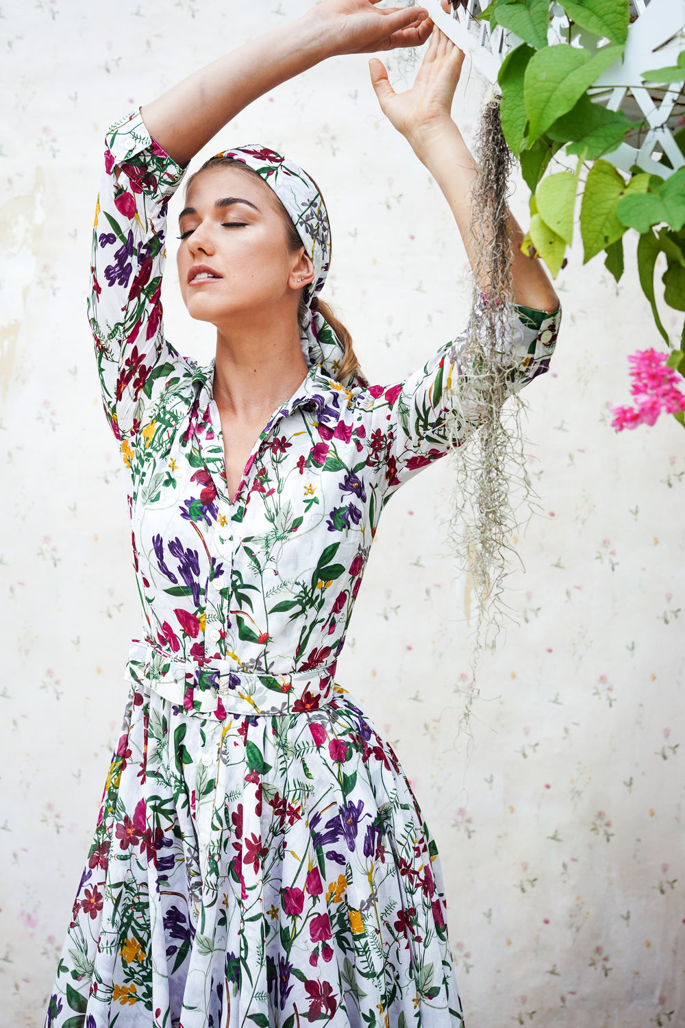 Aster Dress Shirt Collar 3/4 Sleeve Midi Length Cotton Musola (Fairy Tail Flower)
