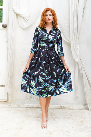 Audrey Dress #1 Shirt Collar 3/4 Sleeve Midi Length Cotton Stretch (Feather Cascade Mid Pastel)
