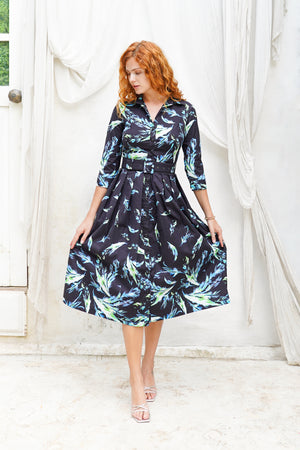 Audrey Dress #1 Shirt Collar 3/4 Sleeve Midi Length Cotton Stretch (Feather Cascade Mid Pastel)