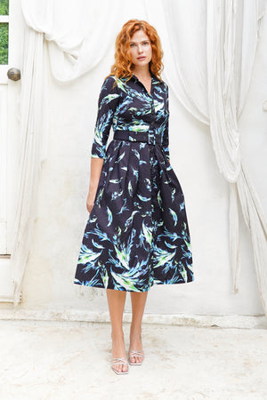 Audrey Dress #1 Shirt Collar 3/4 Sleeve Midi Length Cotton Stretch (Feather Cascade Mid Pastel)