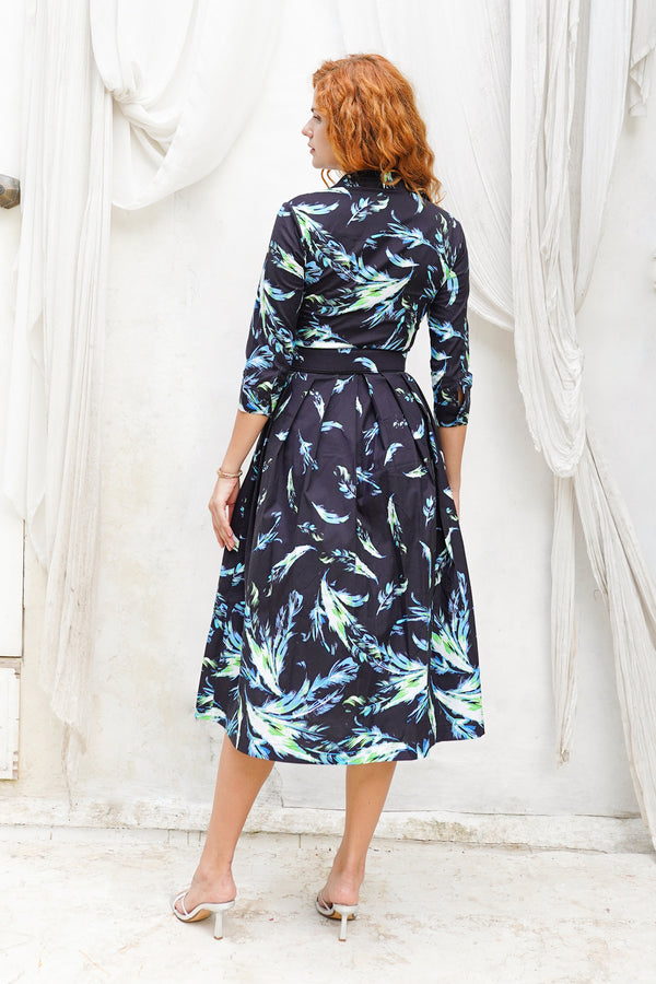 Audrey Dress #1 Shirt Collar 3/4 Sleeve Midi Length Cotton Stretch (Feather Cascade Mid Pastel)