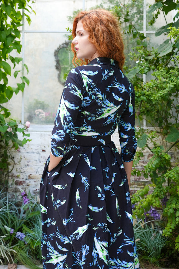 Audrey Dress #1 Shirt Collar 3/4 Sleeve Midi Length Cotton Stretch (Feather Cascade Mid Pastel)