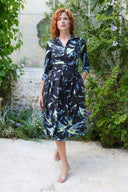 Audrey Dress #1 Shirt Collar 3/4 Sleeve Midi Length Cotton Stretch (Feather Cascade Mid Pastel)