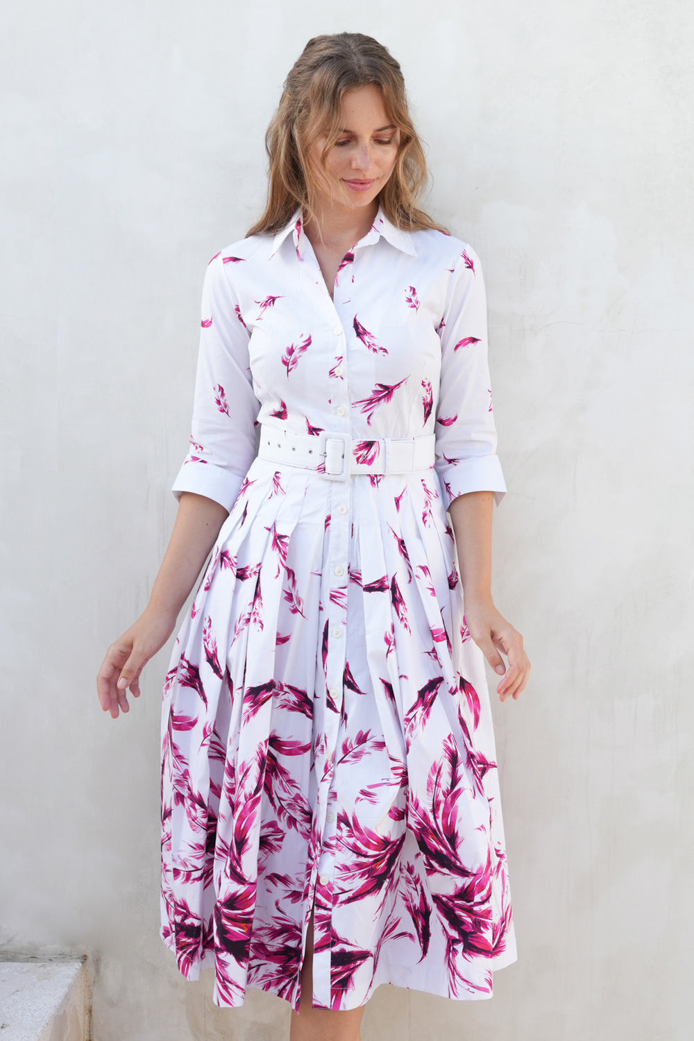 Audrey Dress #2 Shirt Collar 3/4 Sleeve Midi Length Cotton Stretch (Feather Cascade White)