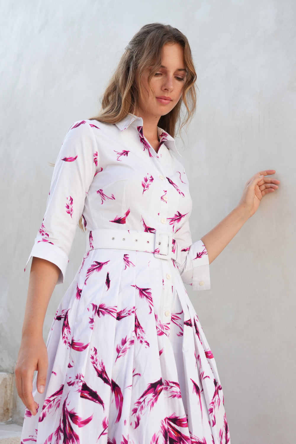 Audrey Dress #2 Shirt Collar 3/4 Sleeve Midi Length Cotton Stretch (Feather Cascade White)