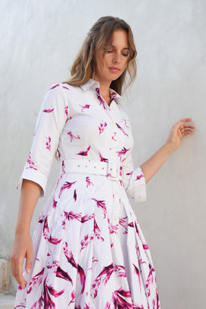 Audrey Dress #2 Shirt Collar 3/4 Sleeve Midi Length Cotton Stretch (Feather Cascade White)