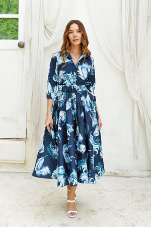 Amber Dress Shirt Collar 3/4 Sleeve Midi Length Silk Taffta (Feather Lightness Small Pastel)