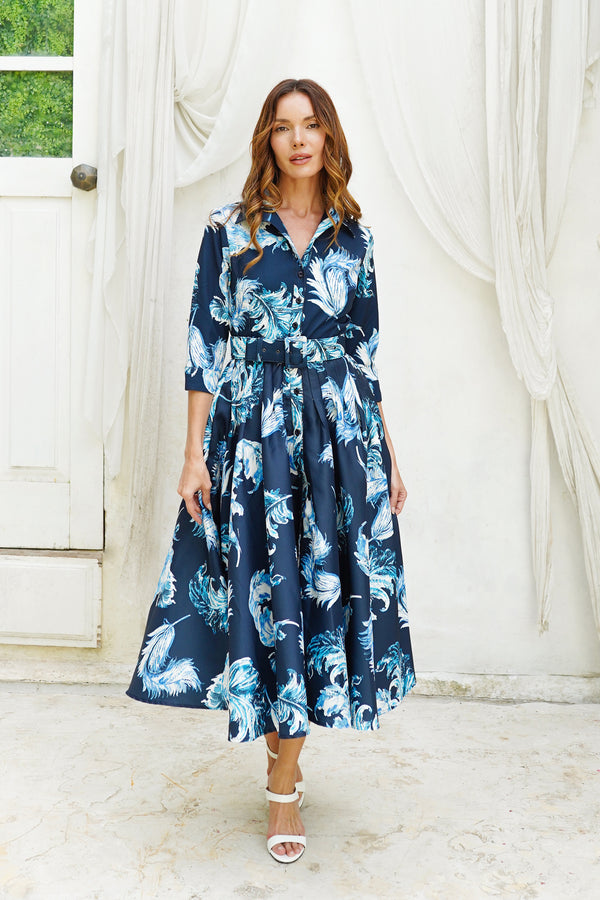 Amber Dress Shirt Collar 3/4 Sleeve Midi Length Silk Taffta (Feather Lightness Small Pastel)