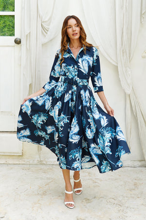 Amber Dress Shirt Collar 3/4 Sleeve Midi Length Silk Taffta (Feather Lightness Small Pastel)