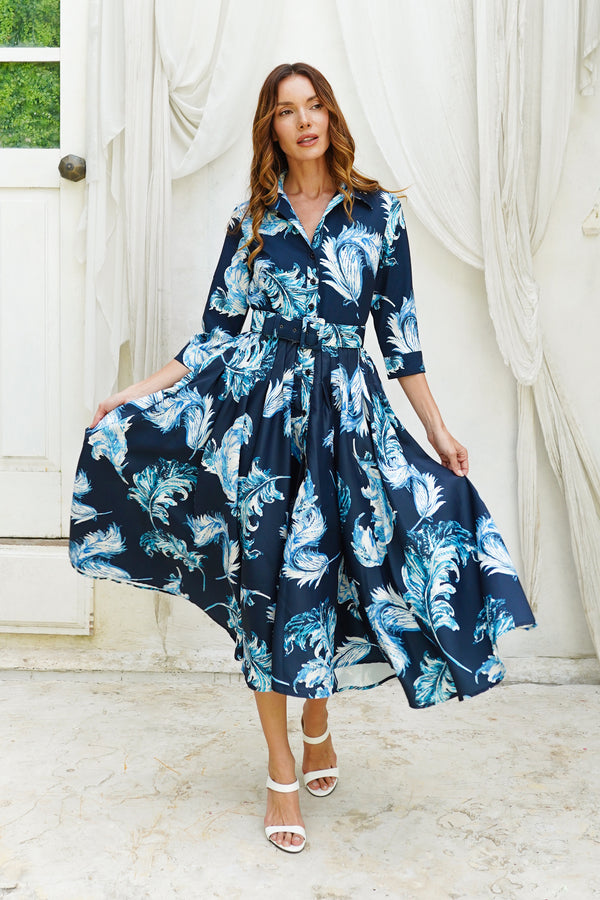 Amber Dress Shirt Collar 3/4 Sleeve Midi Length Silk Taffta (Feather Lightness Small Pastel)