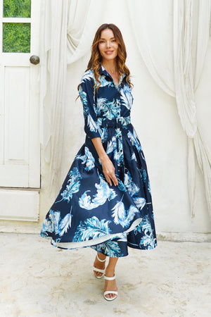 Amber Dress Shirt Collar 3/4 Sleeve Midi Length Silk Taffta (Feather Lightness Small Pastel)
