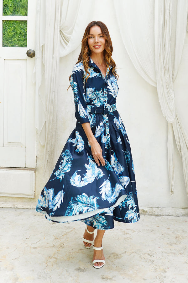 Amber Dress Shirt Collar 3/4 Sleeve Midi Length Silk Taffta (Feather Lightness Small Pastel)