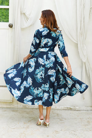 Amber Dress Shirt Collar 3/4 Sleeve Midi Length Silk Taffta (Feather Lightness Small Pastel)