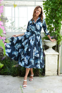 Amber Dress Shirt Collar 3/4 Sleeve Midi Length Silk Taffta (Feather Lightness Small Pastel)