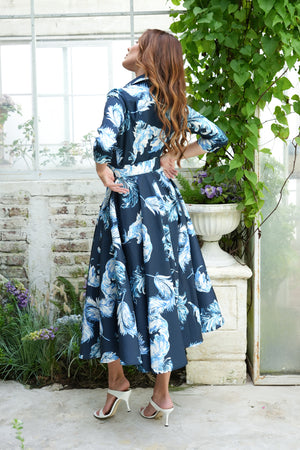 Amber Dress Shirt Collar 3/4 Sleeve Midi Length Silk Taffta (Feather Lightness Small Pastel)