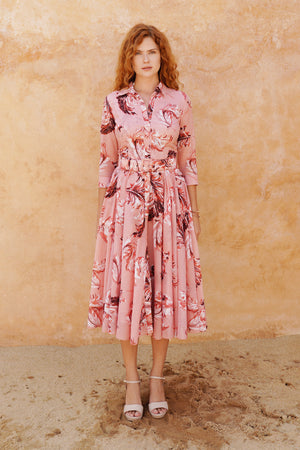 Aster Dress Shirt Collar 3/4 Sleeve Midi Length Cotton Musola (Feather Lightness Small Pastel)
