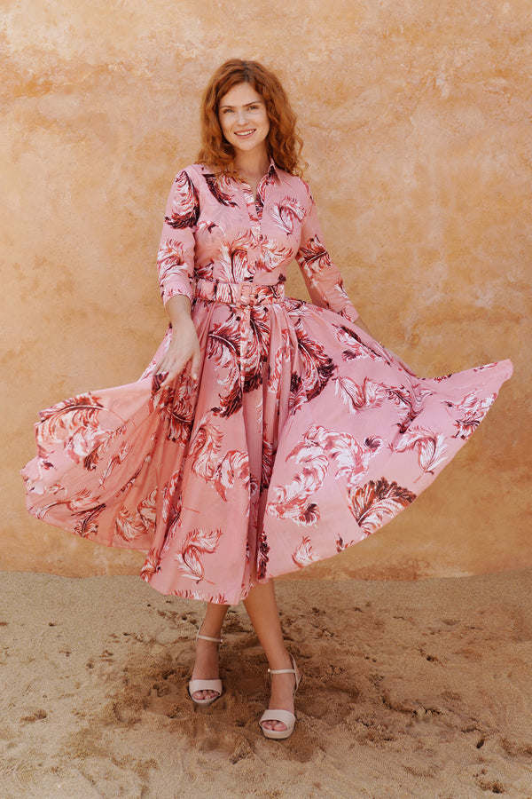 Aster Dress Shirt Collar 3/4 Sleeve Midi Length Cotton Musola (Feather Lightness Small Pastel)