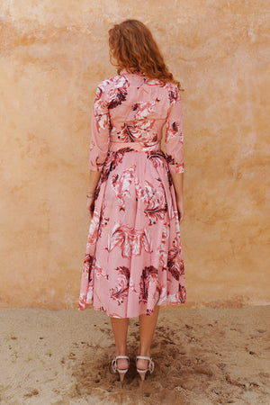 Aster Dress Shirt Collar 3/4 Sleeve Midi Length Cotton Musola (Feather Lightness Small Pastel)