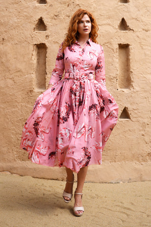 Aster Dress Shirt Collar 3/4 Sleeve Midi Length Cotton Musola (Feather Lightness Small Pastel)
