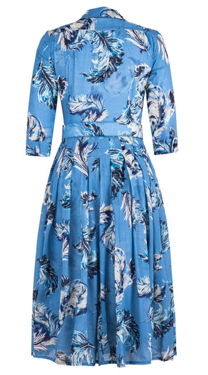Audrey Dress #4 Shirt Collar 3/4 Sleeve Midi Length Wool Musola (Feather Lightness Dark) - Dusty Blue