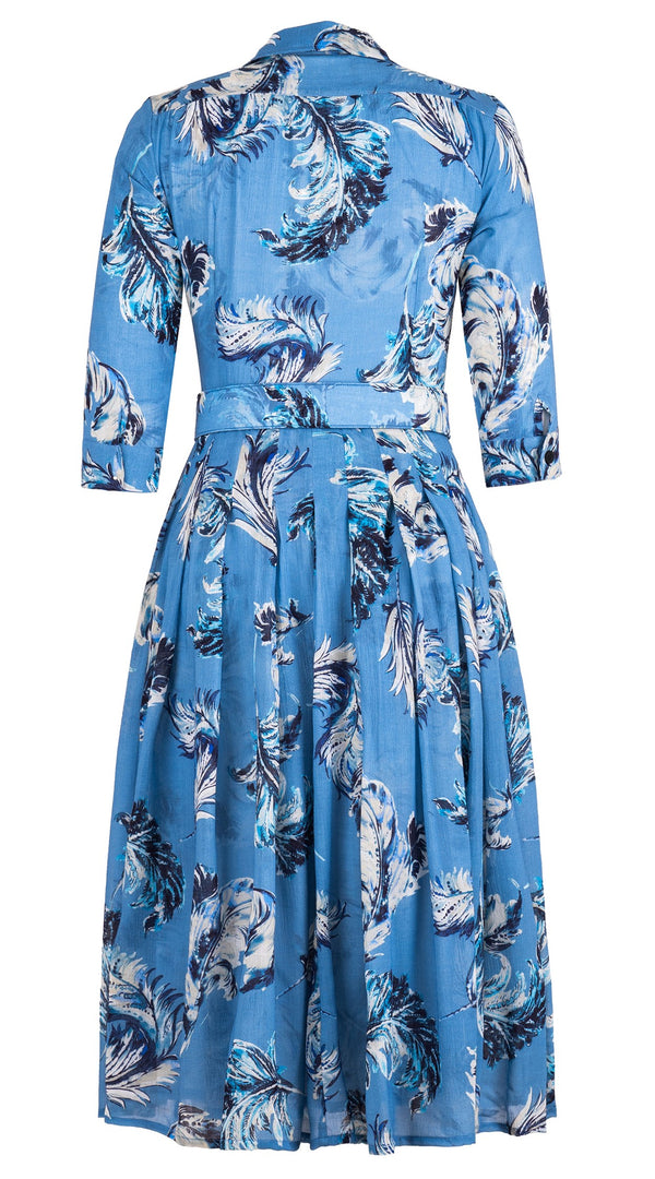 Audrey Dress #4 Shirt Collar 3/4 Sleeve Midi Length Wool Musola (Feather Lightness Dark) - Dusty Blue