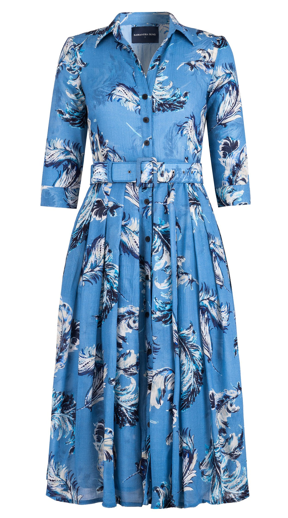 Audrey Dress #4 Shirt Collar 3/4 Sleeve Midi Length Wool Musola (Feather Lightness Dark) - Dusty Blue