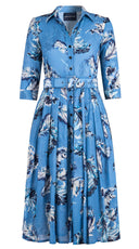 Audrey Dress #4 Shirt Collar 3/4 Sleeve Midi Length Wool Musola (Feather Lightness Dark) - Dusty Blue