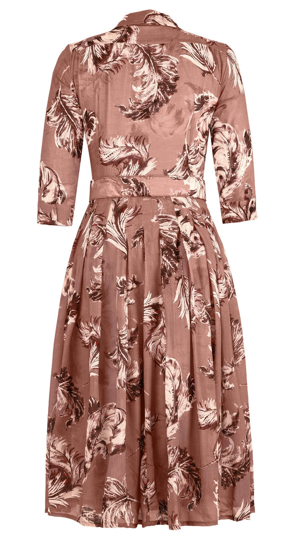 Audrey Dress #4 Shirt Collar 3/4 Sleeve Midi Length Wool Musola (Feather Lightness Dark) - Dusty Nude