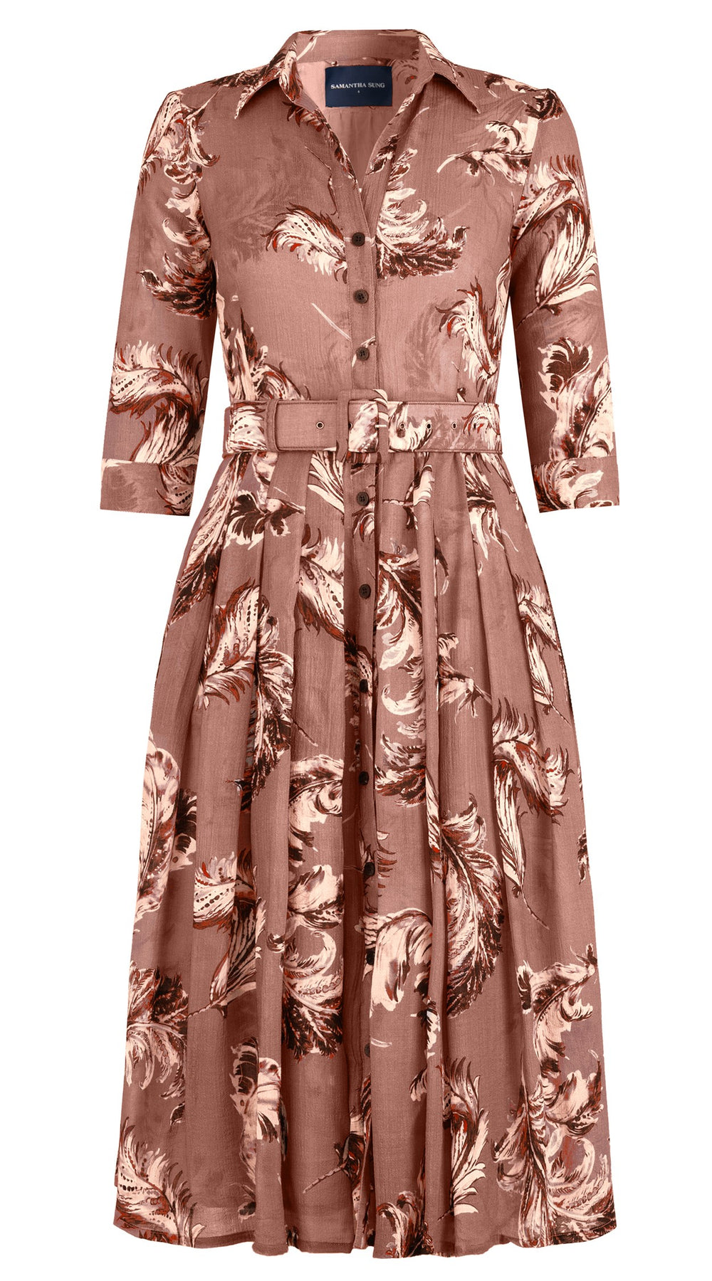 Audrey Dress #4 Shirt Collar 3/4 Sleeve Midi Length Wool Musola (Feather Lightness Dark) - Dusty Nude