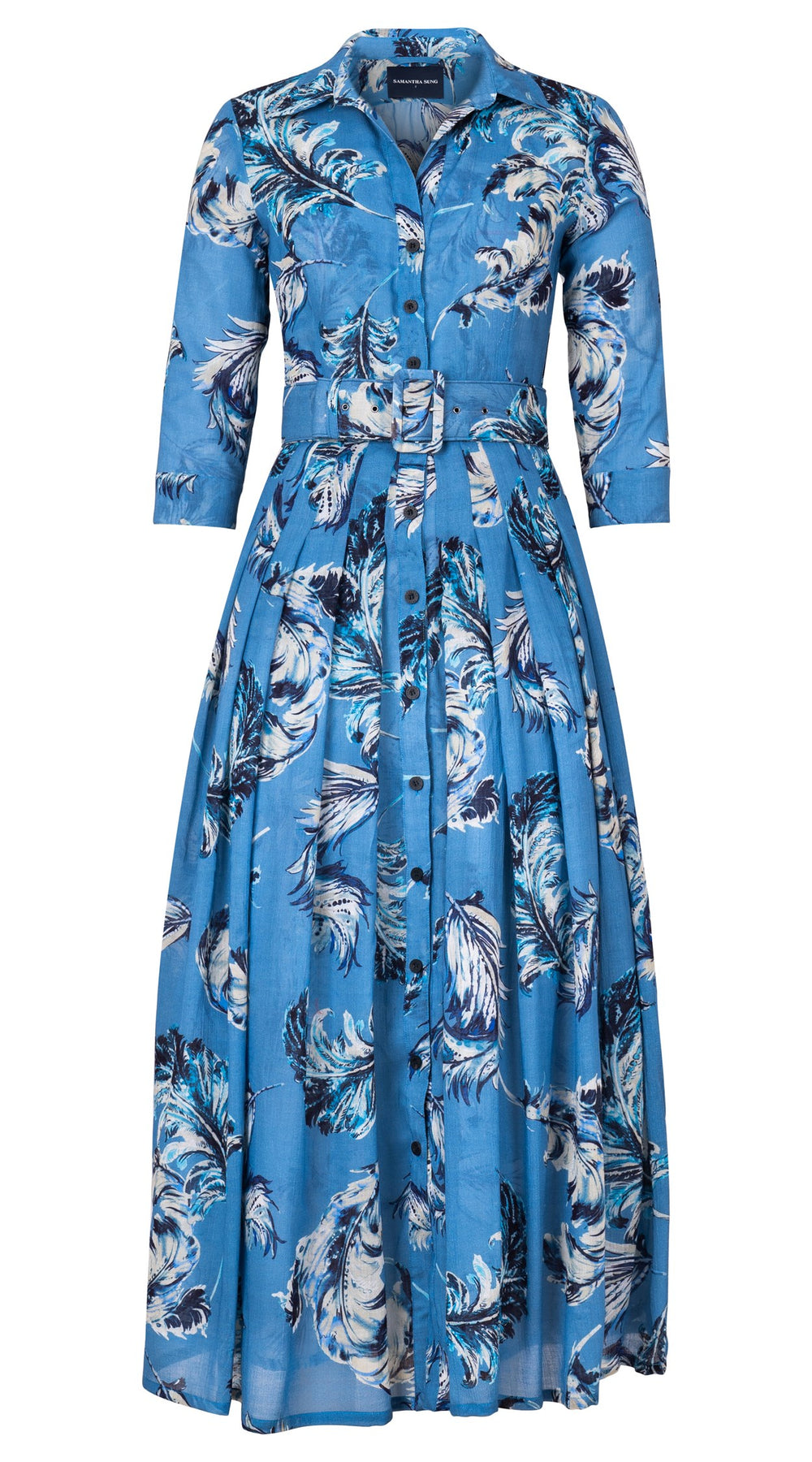 Audrey Dress #4 Shirt Collar 3/4 Sleeve Ankle Length Wool (Feather Lightness Dark) - Dusty Blue