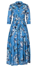 Audrey Dress #4 Shirt Collar 3/4 Sleeve Ankle Length Wool (Feather Lightness Dark) - Dusty Blue