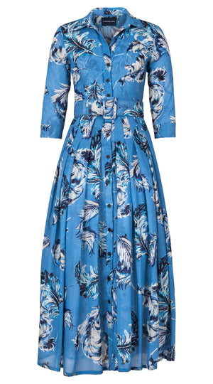 Audrey Dress #4 Shirt Collar 3/4 Sleeve Ankle Length Wool (Feather Lightness Dark) - Dusty Blue