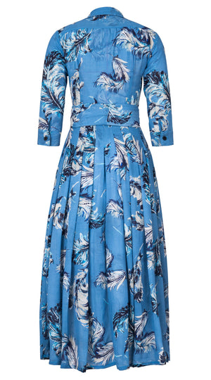 Audrey Dress #4 Shirt Collar 3/4 Sleeve Ankle Length Wool (Feather Lightness Dark) - Dusty Blue