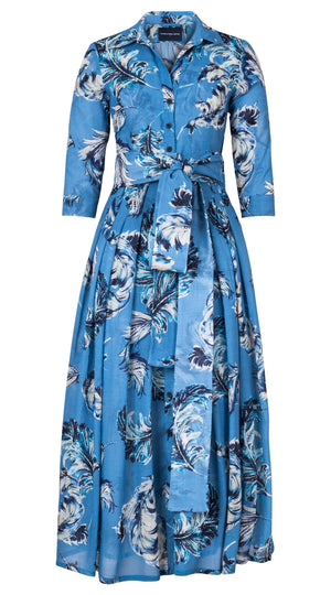 Audrey Dress #4 Shirt Collar 3/4 Sleeve Ankle Length Wool (Feather Lightness Dark) - Dusty Blue