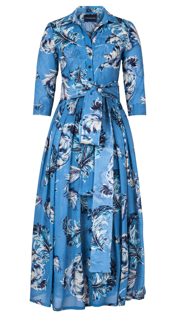 Audrey Dress #4 Shirt Collar 3/4 Sleeve Ankle Length Wool (Feather Lightness Dark) - Dusty Blue